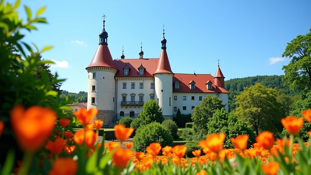 Architektura Arcibiskupského zámku v Kroměříži v letním slunečním světle, květiny v popředí