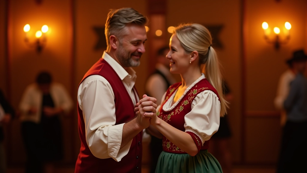 Dospělí tanečníci v tradičních krojích tančí v klubu, folklórní tance, teplé osvětlení
