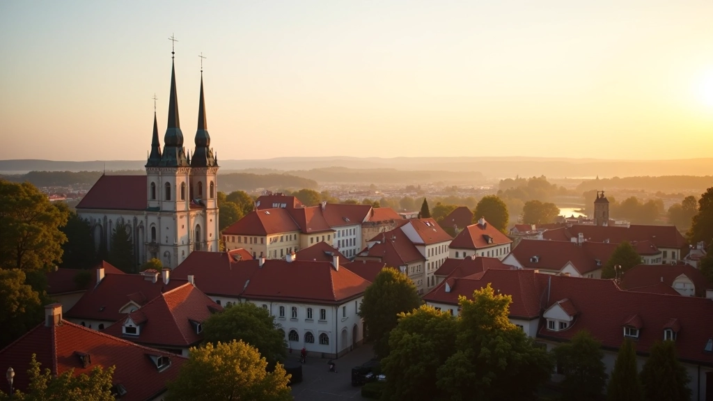 Krajina Kroměříže s věžičkami a kostelem v teplém slunečním světle